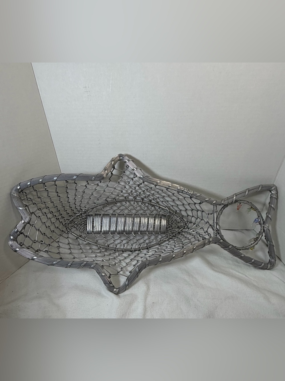 Fish Shape Metal Wire Basket 21" With Charms Serving Tray Bread Fruit Luau Tiki